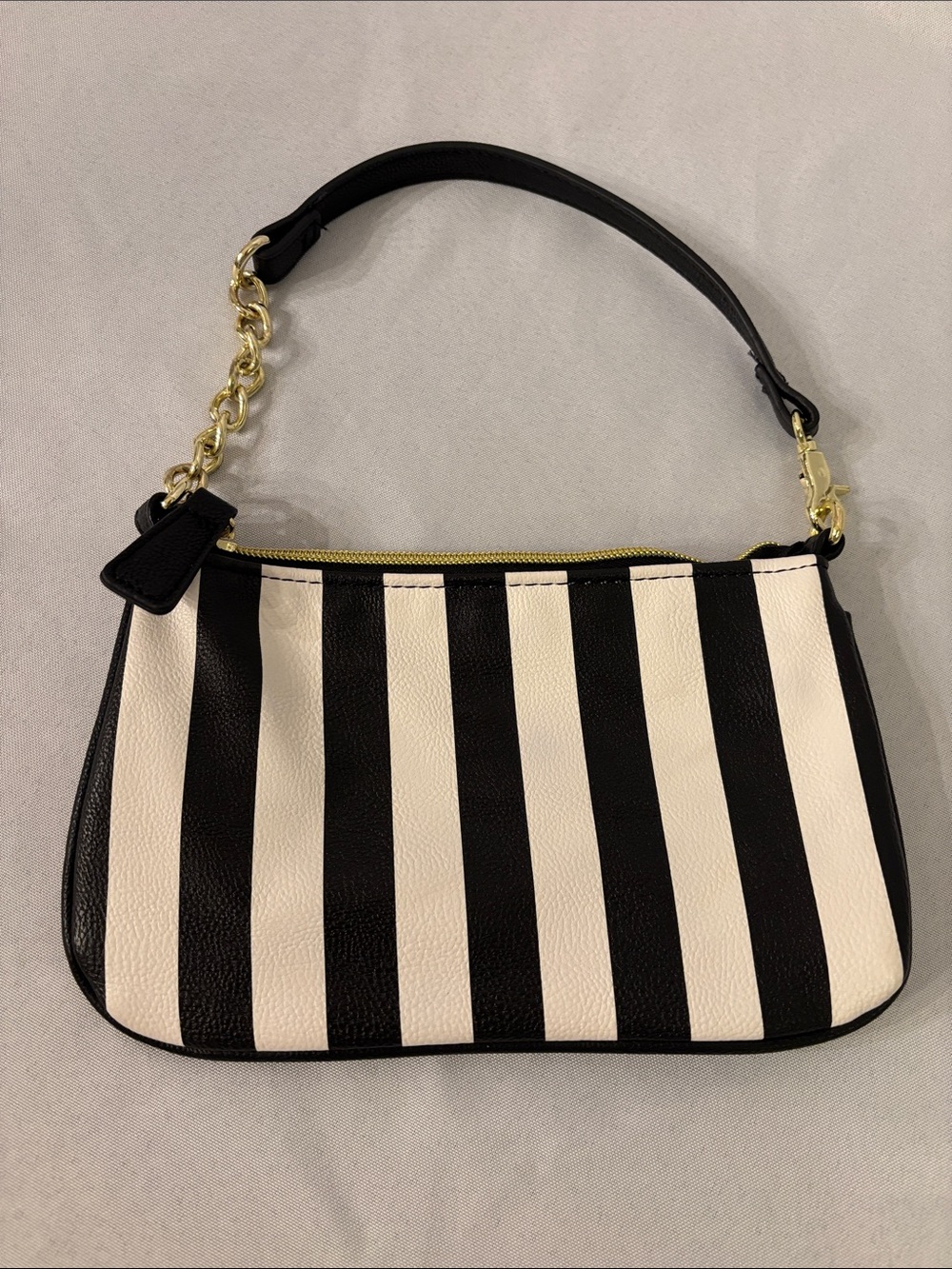 Betsey Johnson Black & White Striped Shoulder Bag with Gold Chain